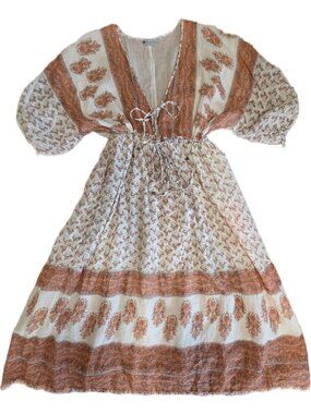 Little Miss Gypsy Boho Midi Dress L XL Batik Orange Metallic Lurex With Pockets